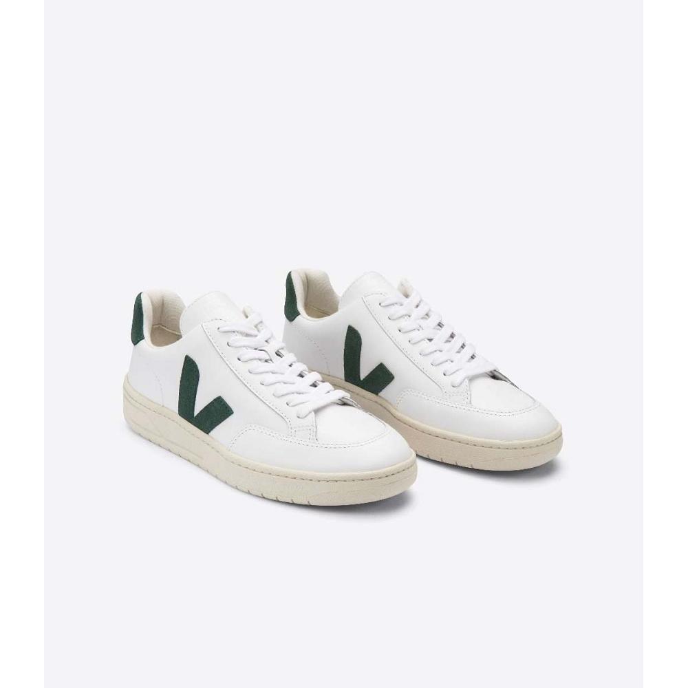 Veja V-12 LEATHER Women's Sneakers White/Green | NZ 671KOR